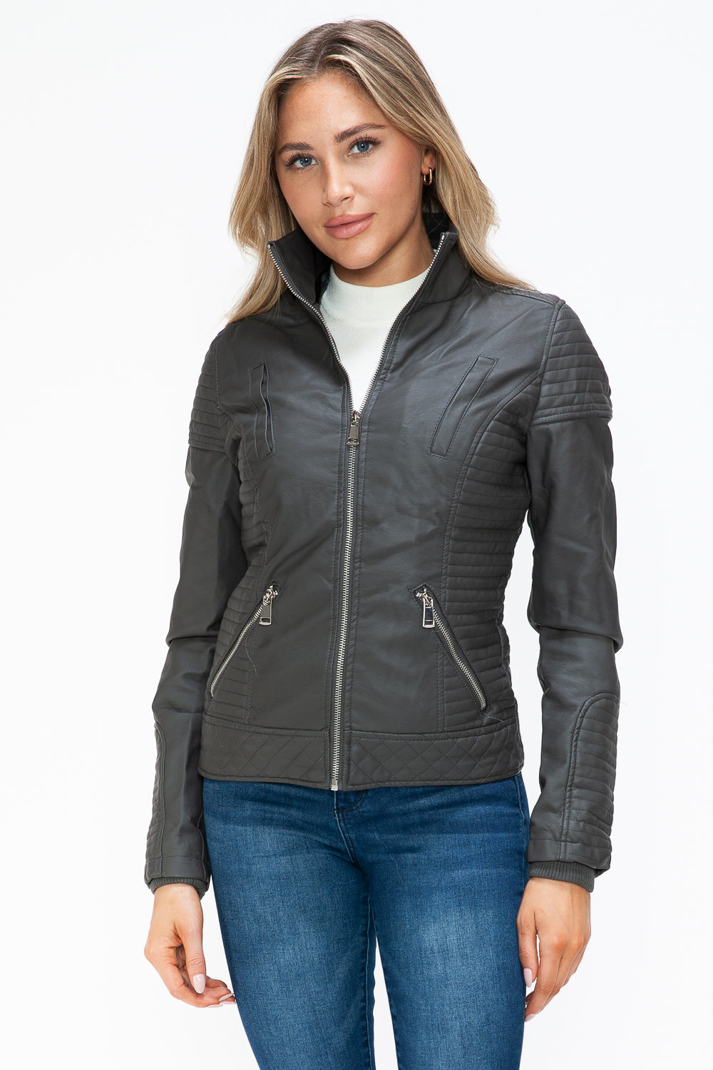 YMI Faux Layered Double-Zipper Jacket with Fuzzy Hood 