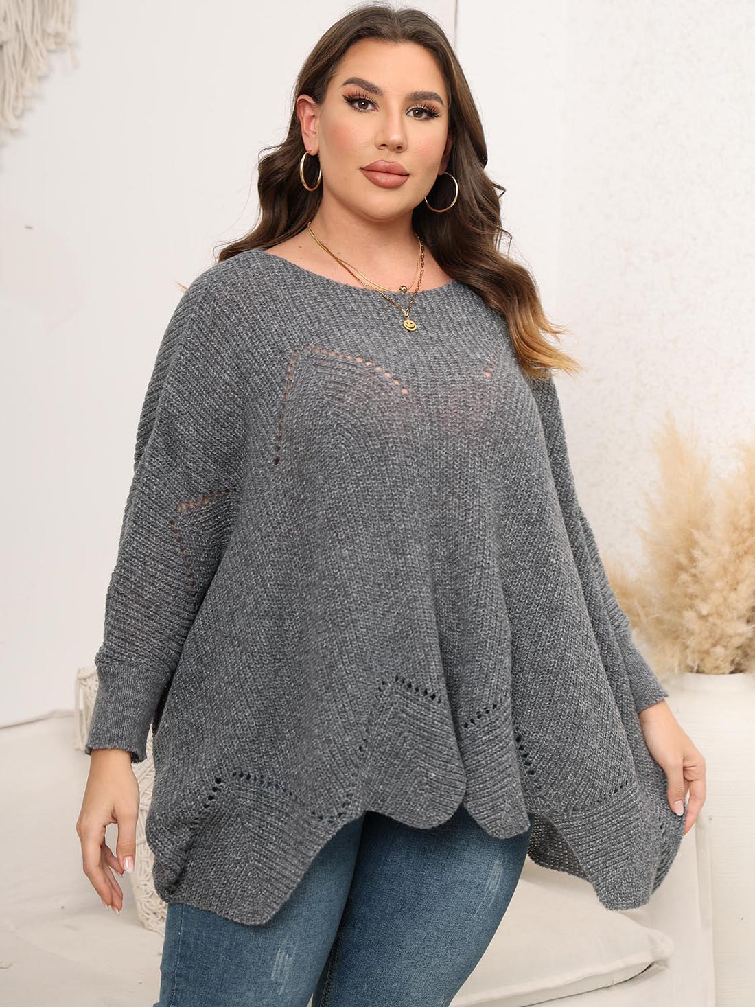 Plus Size Round Neck Batwing Sleeve Sweater 