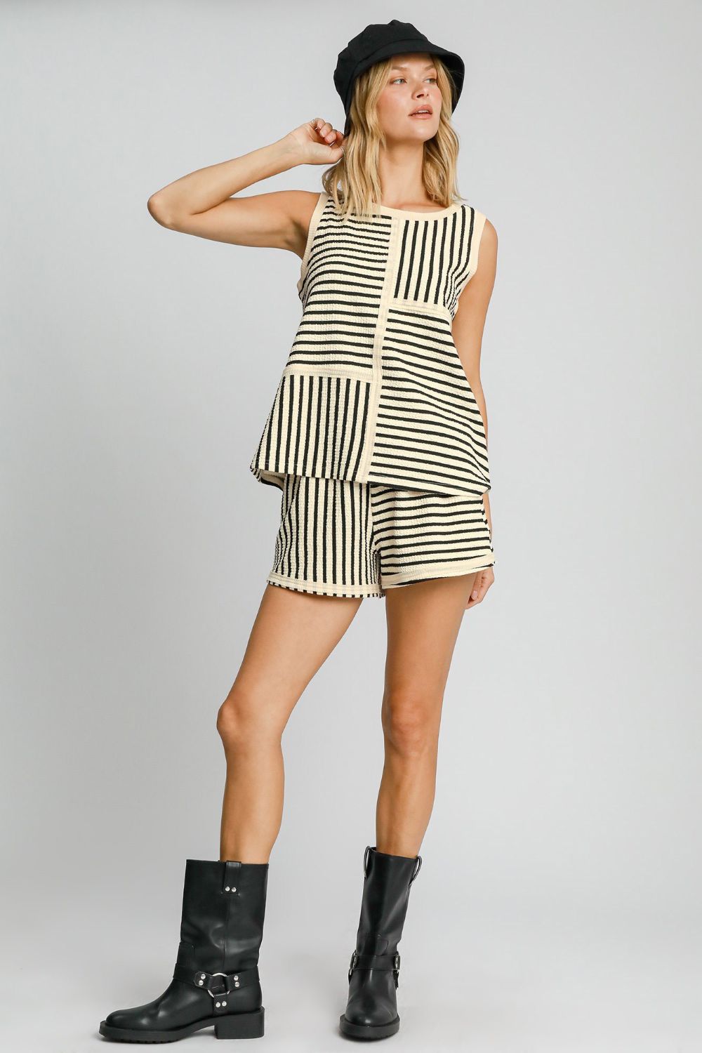 Umgee Round Neck Texture Striped Tank 
