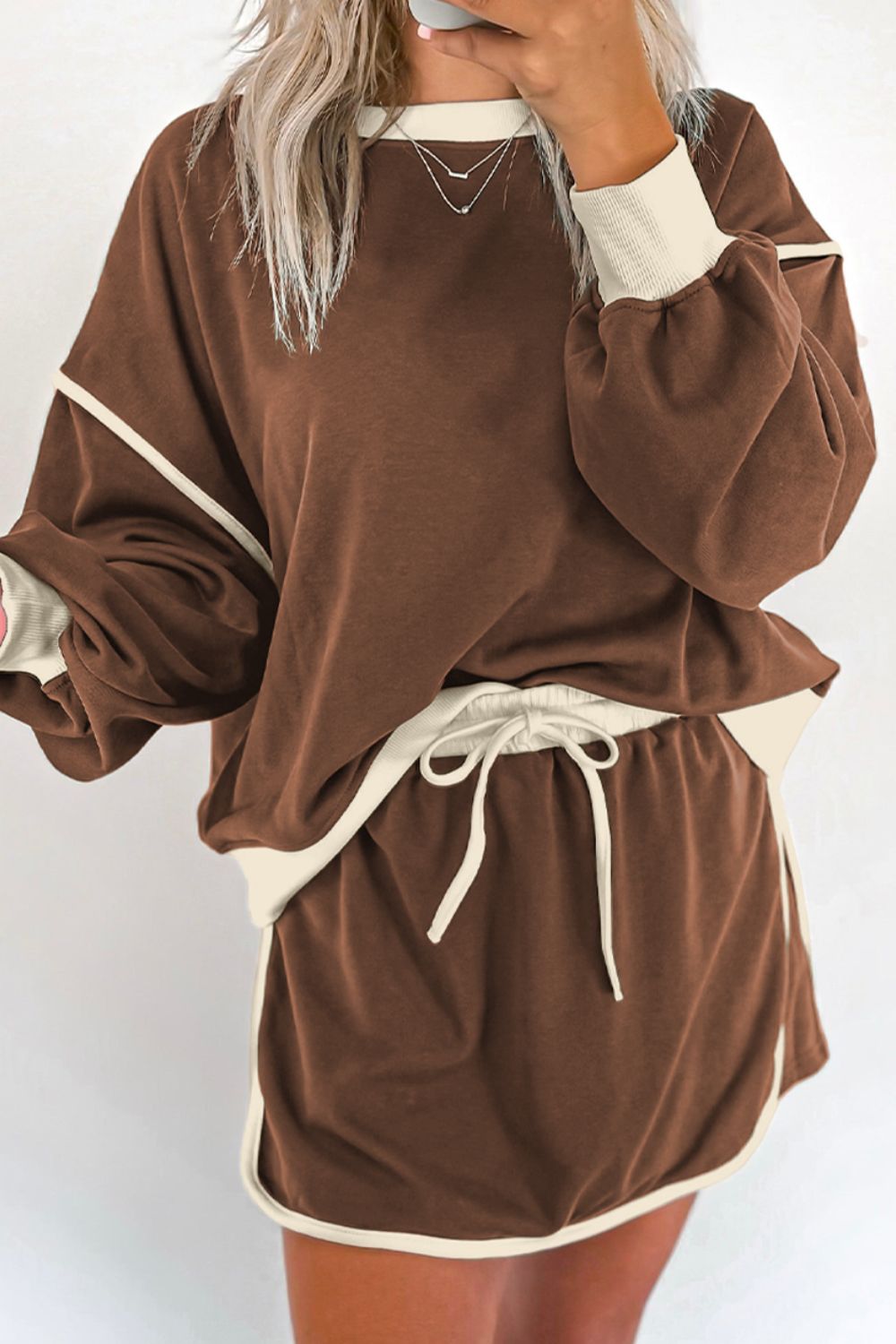 Contrast Trim Round Neck Top and Skort Set 