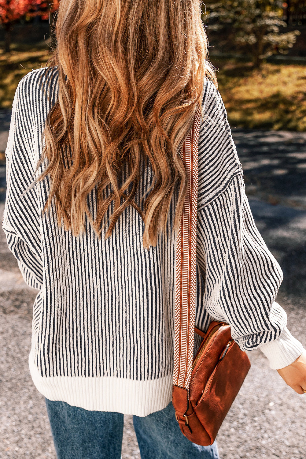 Chestnut Striped Textured Knit Contrast Edge Loose Sweater Sweaters & Cardigans/Sweaters