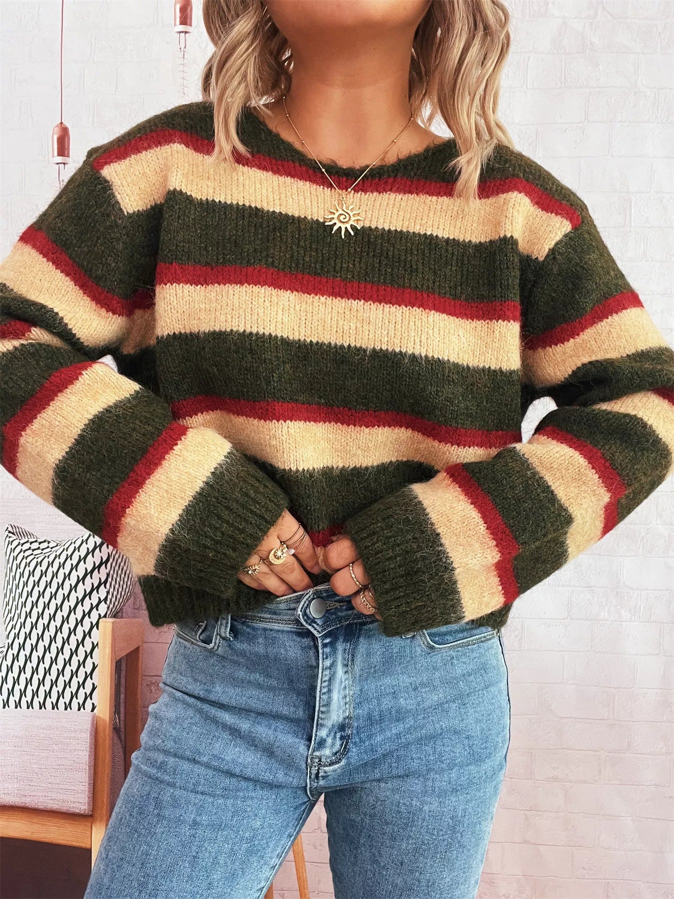 Striped Round Neck Long Sleeve Sweater 