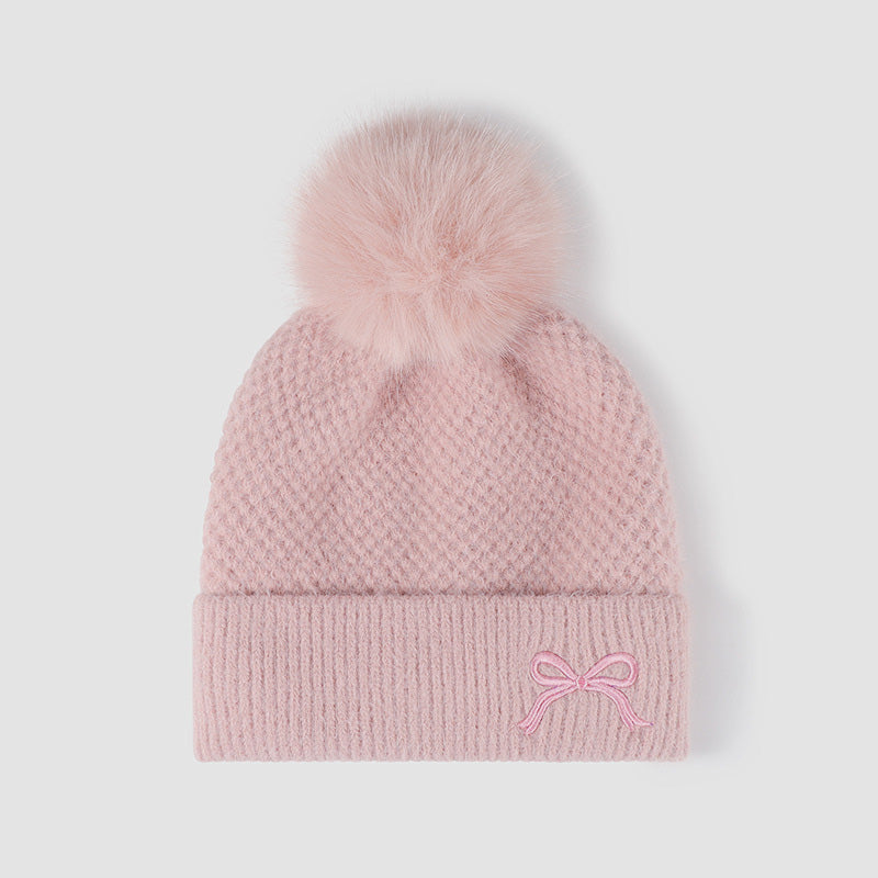 Thermal Bow Knit Hat with Pompom 