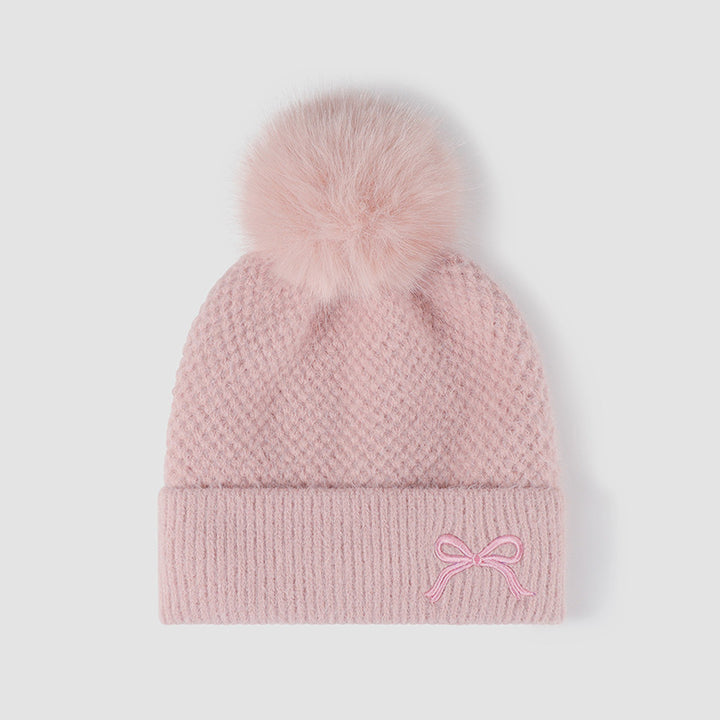 Thermal Bow Knit Hat with Pompom 
