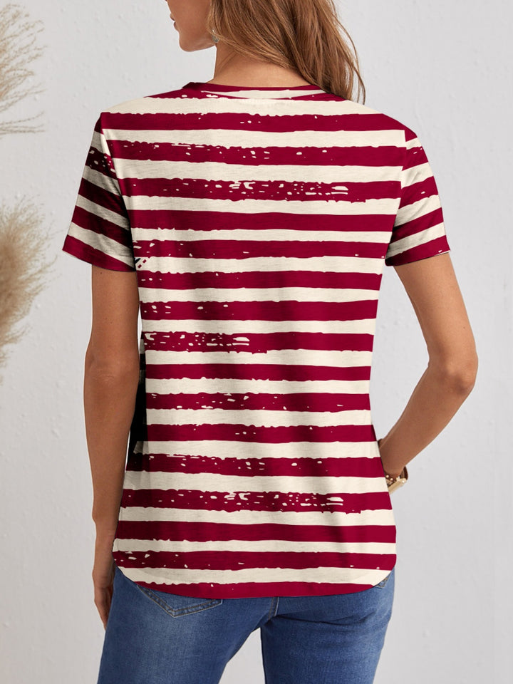 FAM-FAM Striped V-Neck Short Sleeve T-Shirt 