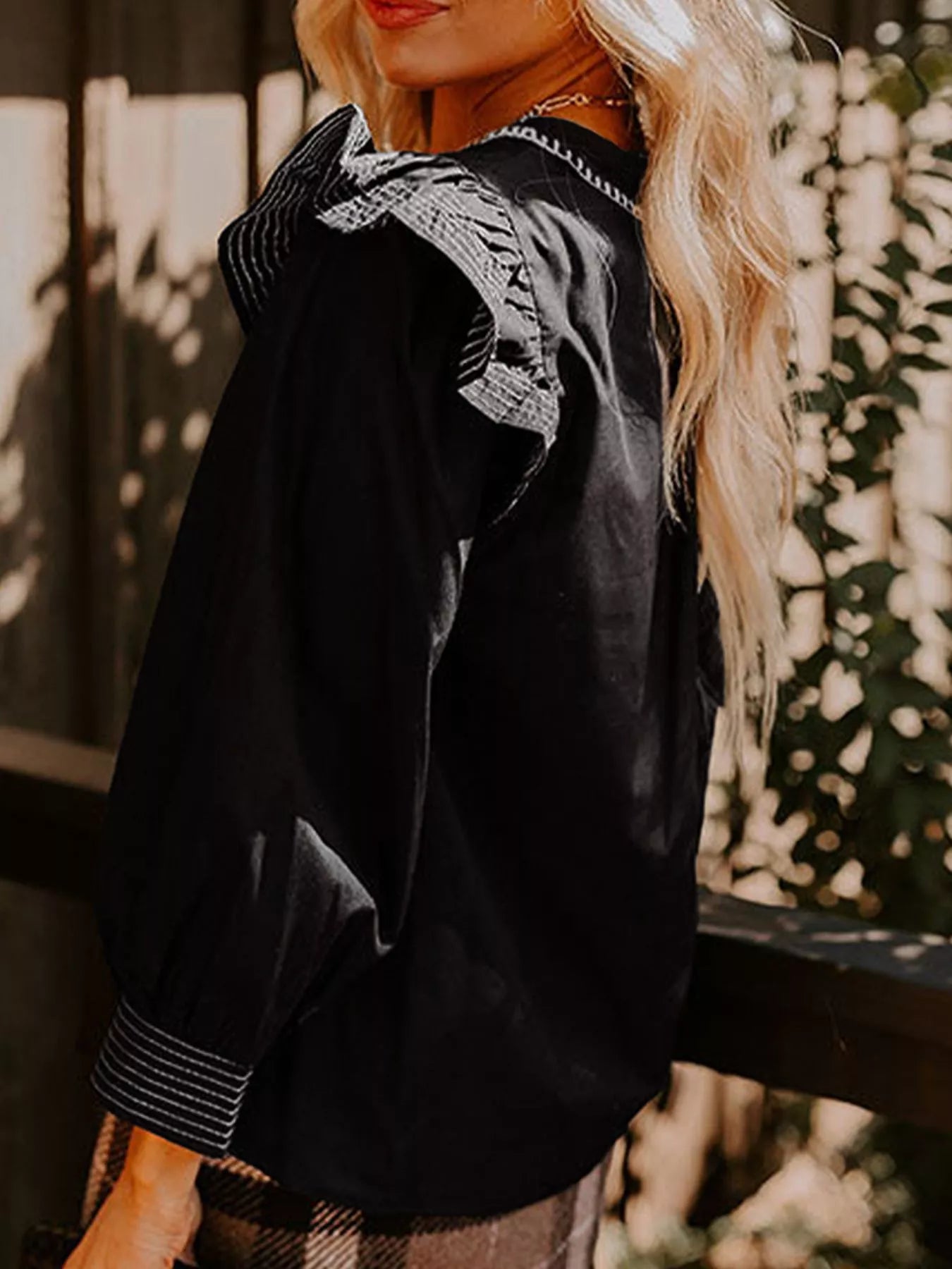 Ruffled Notched Long Sleeve Blouse 