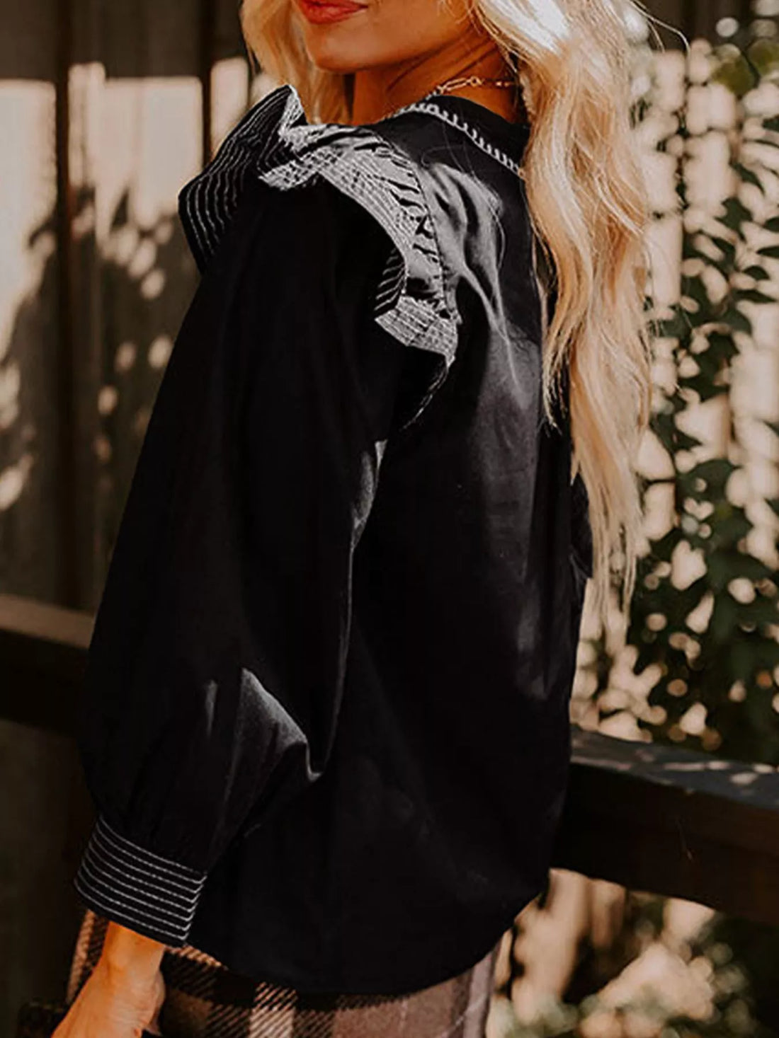 Ruffled Notched Long Sleeve Blouse 