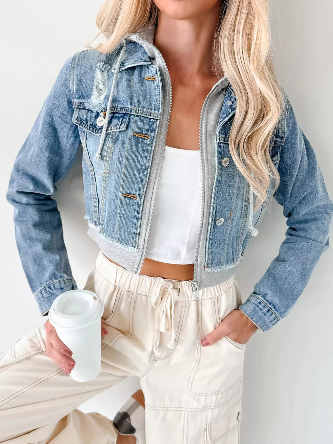 Distressed Zip Up Cropped Hooded Denim Jacket 
