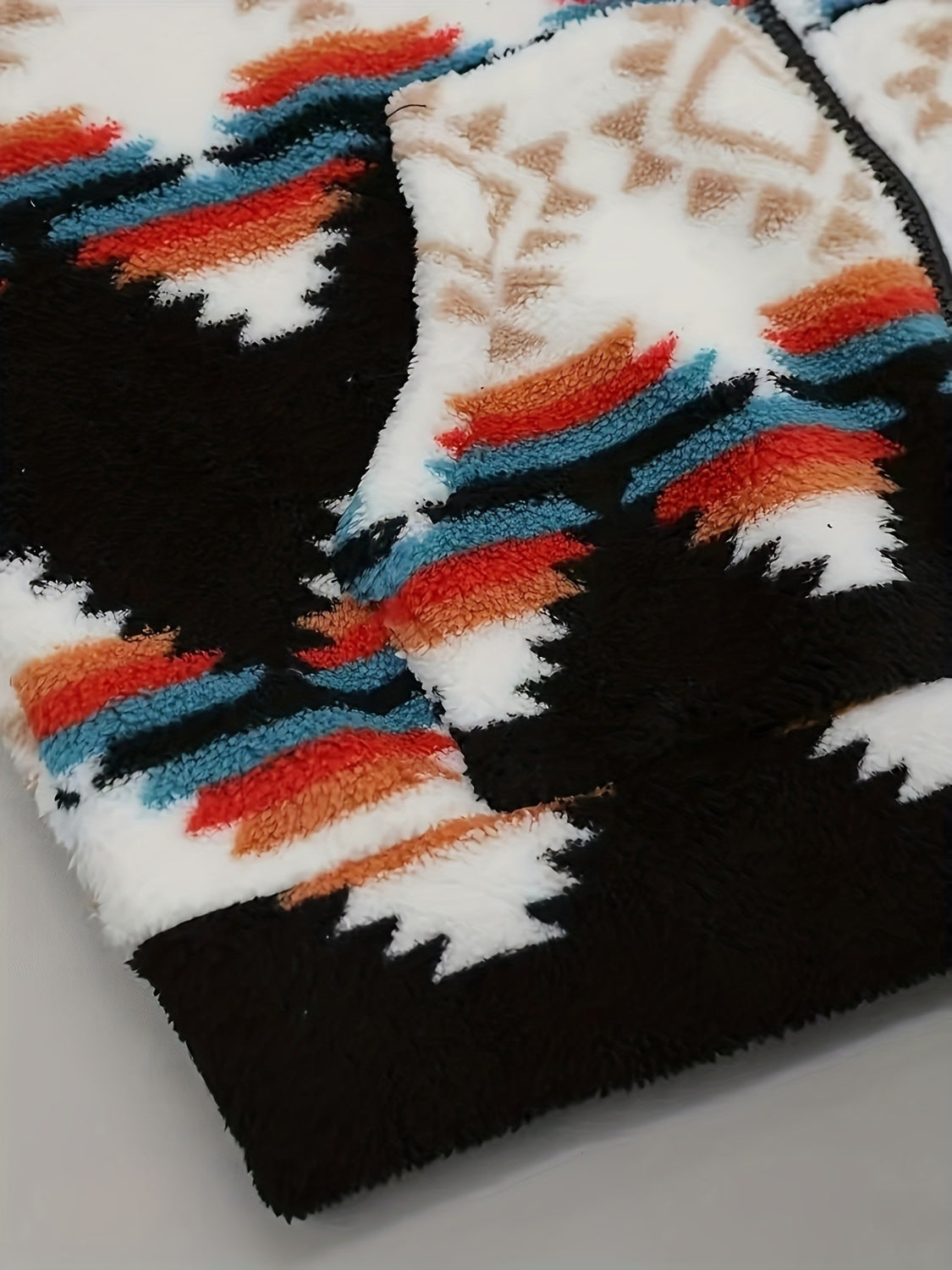 Geometric Zip Up Hooded Sherpa Jacket 