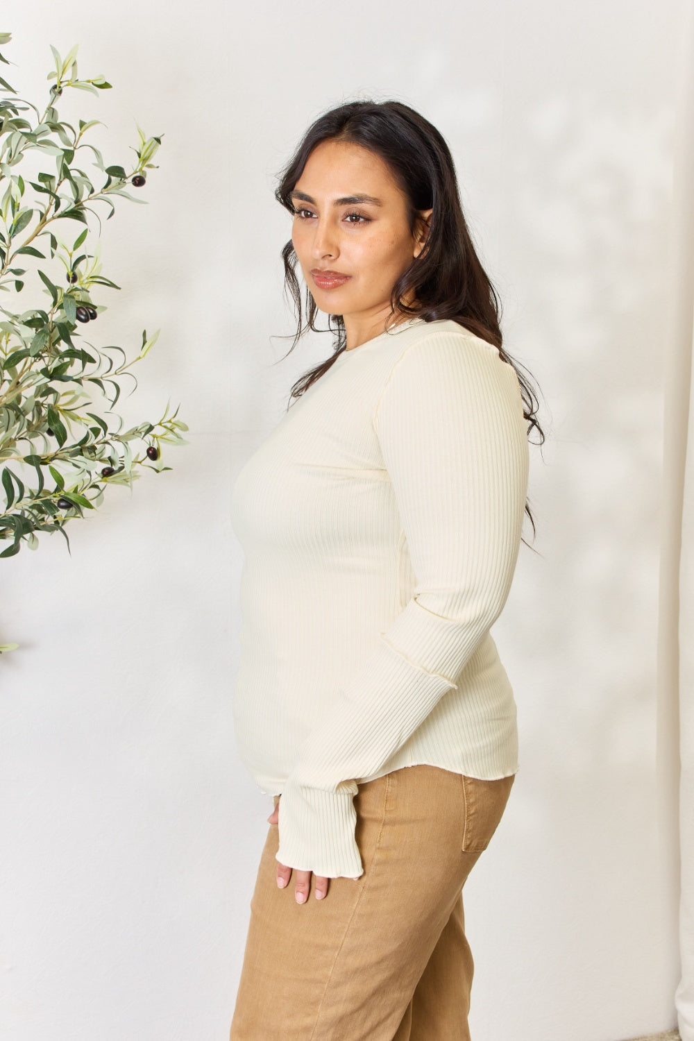 Culture Code Full Size Ribbed Round Neck Long Sleeve Top 