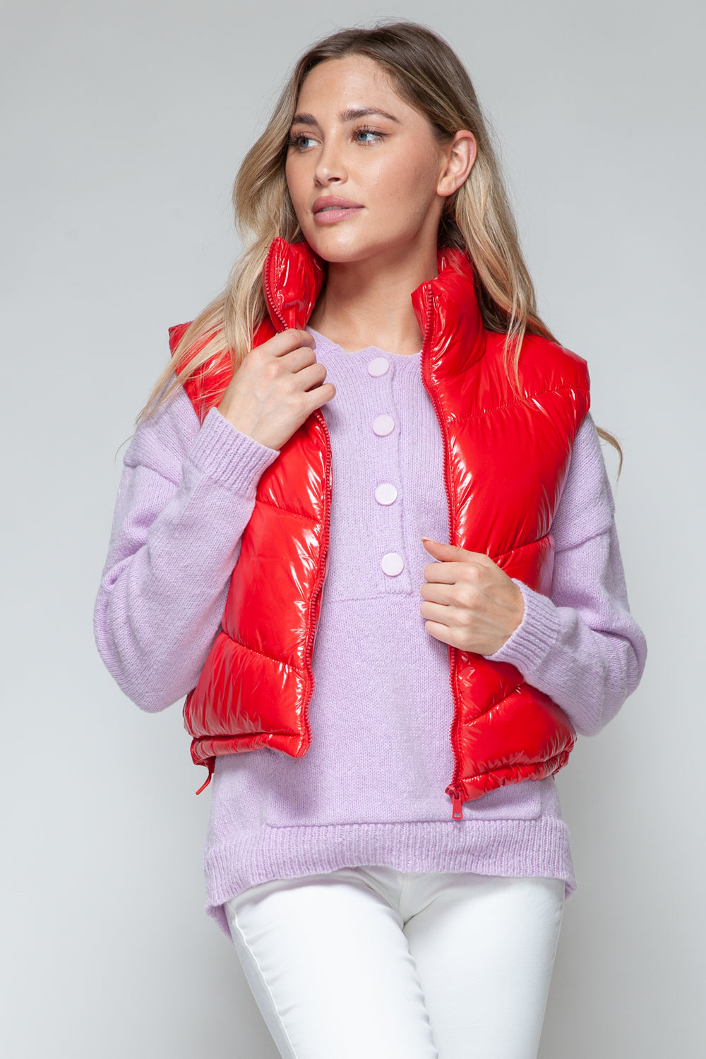 Snobbish Zip Up Turtleneck Shiny Quilted Vest 