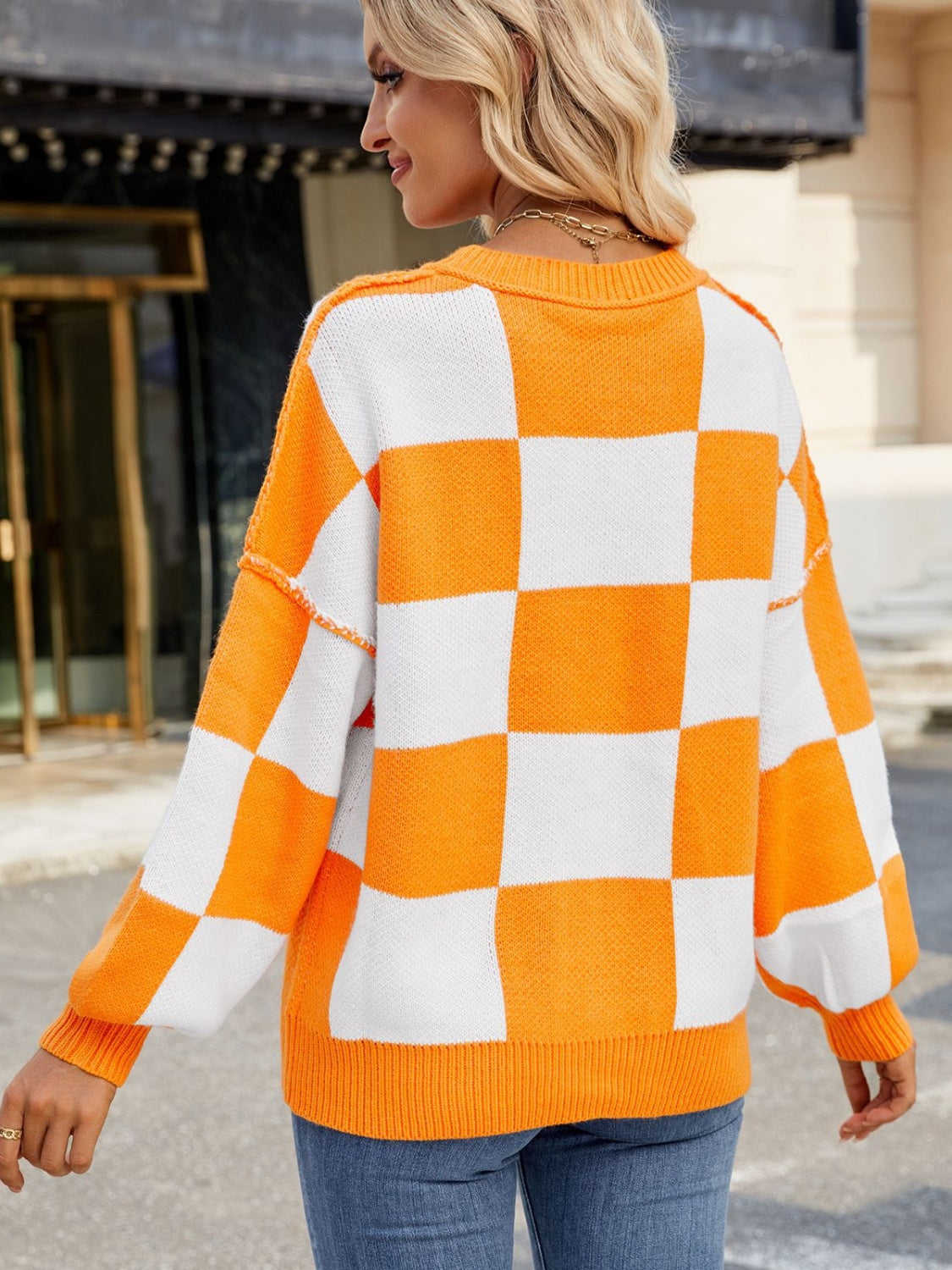 Checkered Round Neck Long Sleeve Sweater 