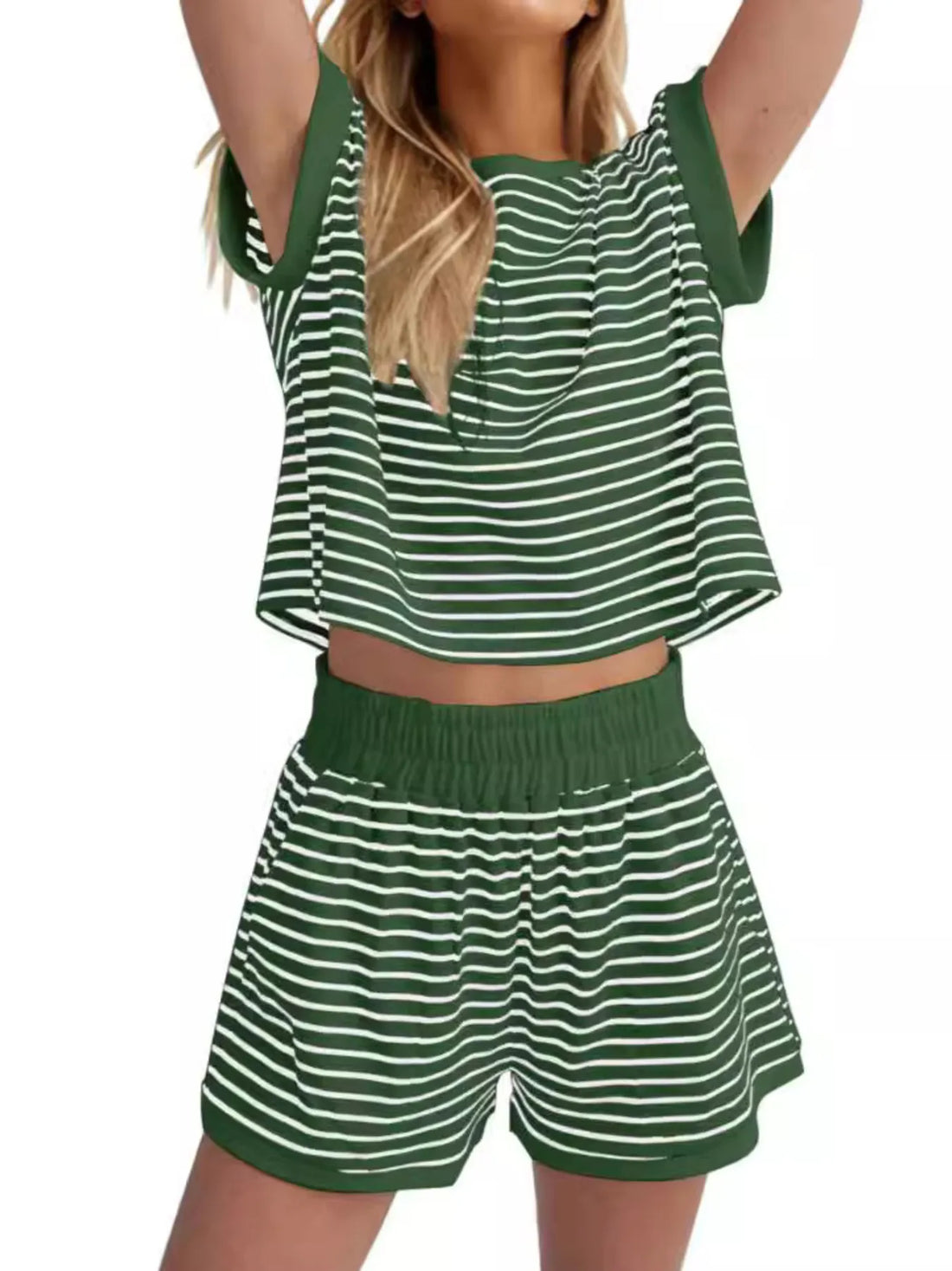 Full Size Contrast Striped T-Shirt and Shorts Set Plus Size Two Piece Dresses