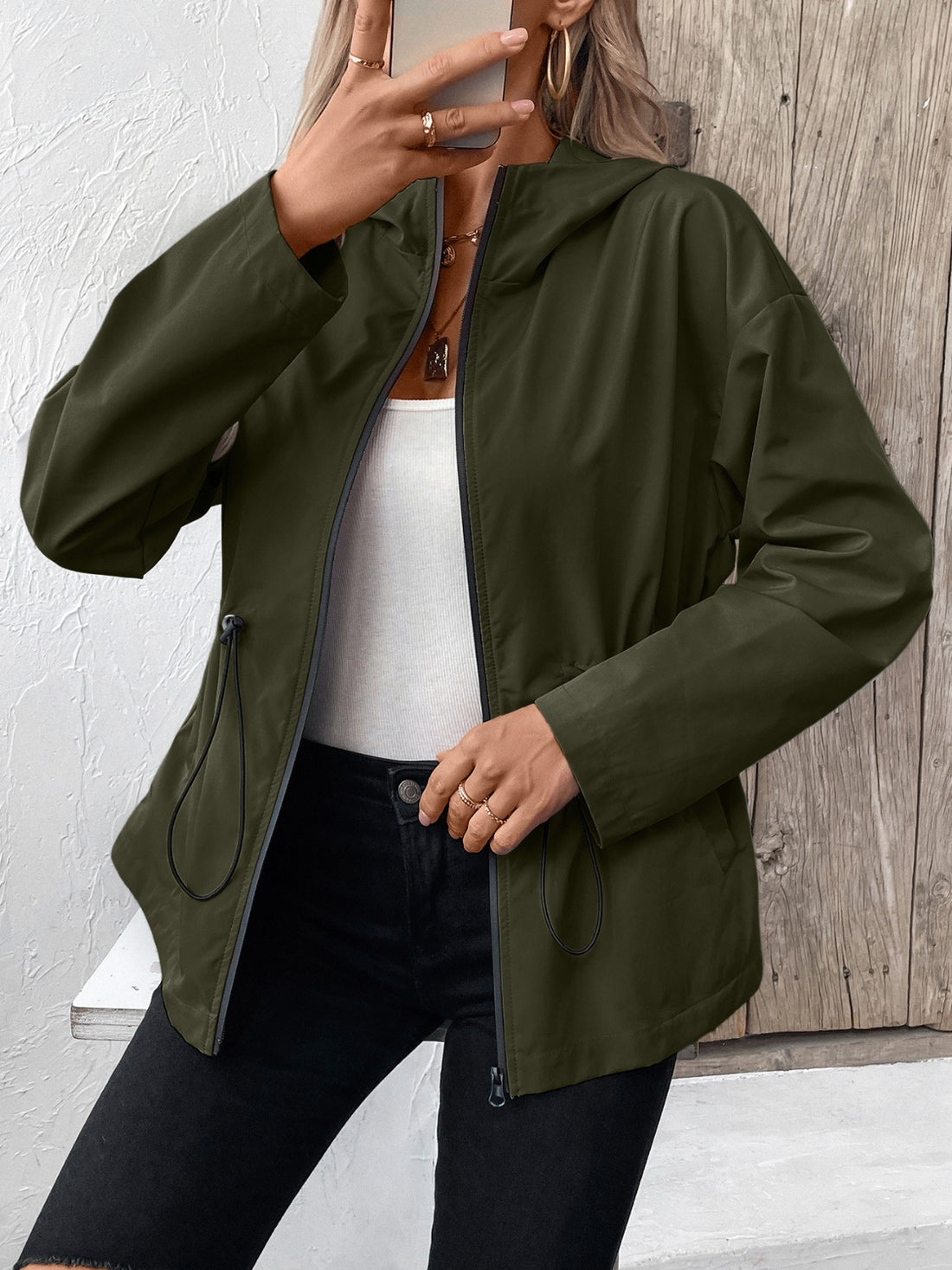 Ivy Lane Drawstring Zip Up Hooded Jacket 