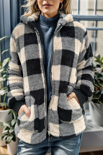 Double Take Full Size Plaid Long Sleeve Hooded Coat 
