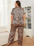Plus Size Leopard Short Sleeve Top and Pants Lounge Set 