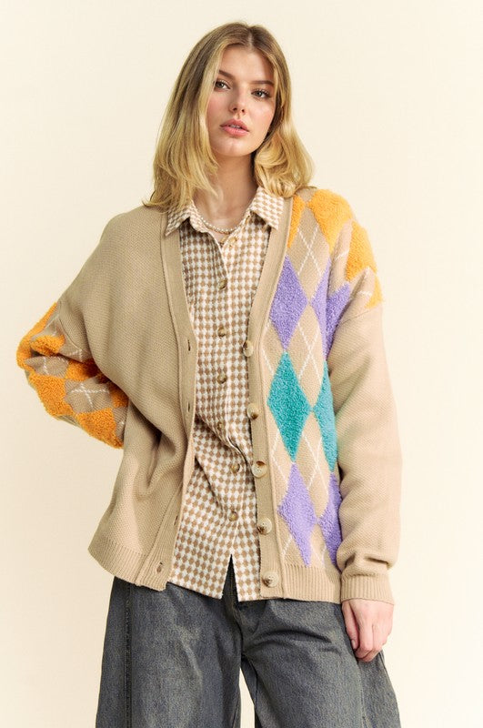 Davi & Dani Argyle V-Neck Dropped Shoulder Cardigan 