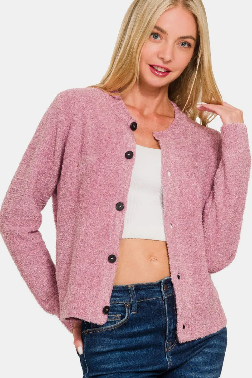 Zenana Button Down Long Sleeve Sweater Cardigan 