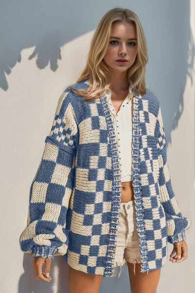 Double Take Full Size Open Front Checkered Drop Shoulder Cardigan 