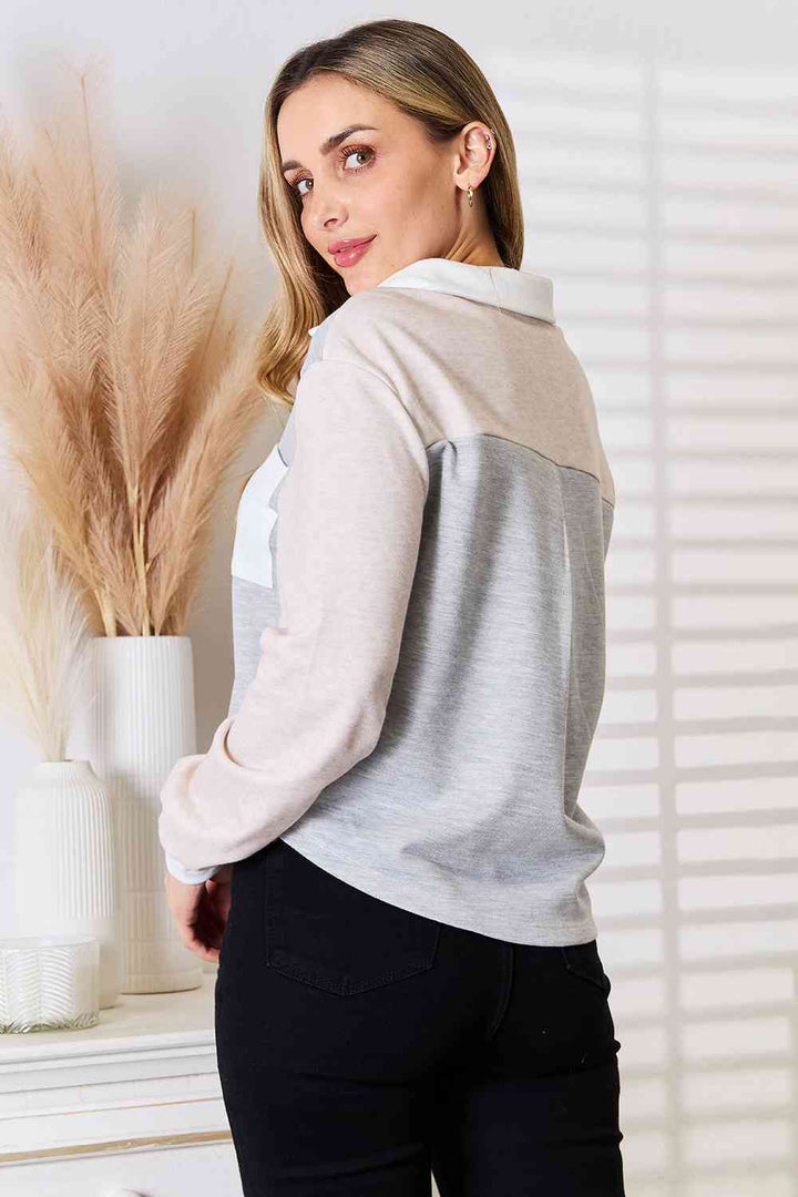 Double Take Color Block Curved Hem Shirt 