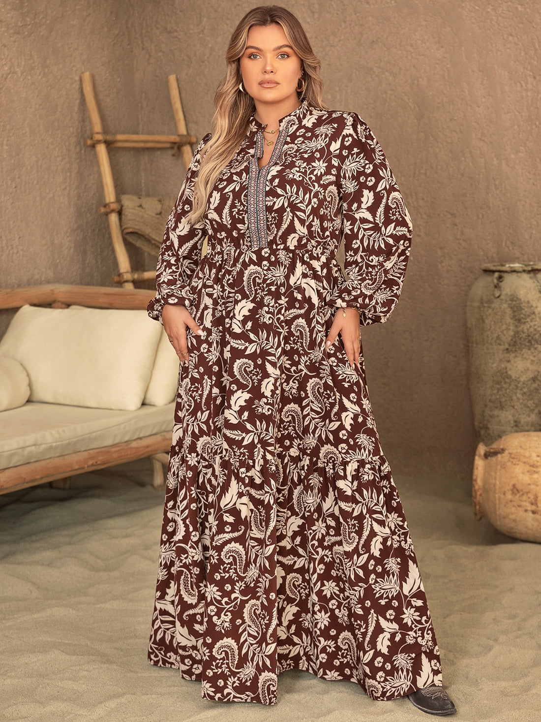 Plus Size Notched Balloon Sleeve Printed Maxi Dress 