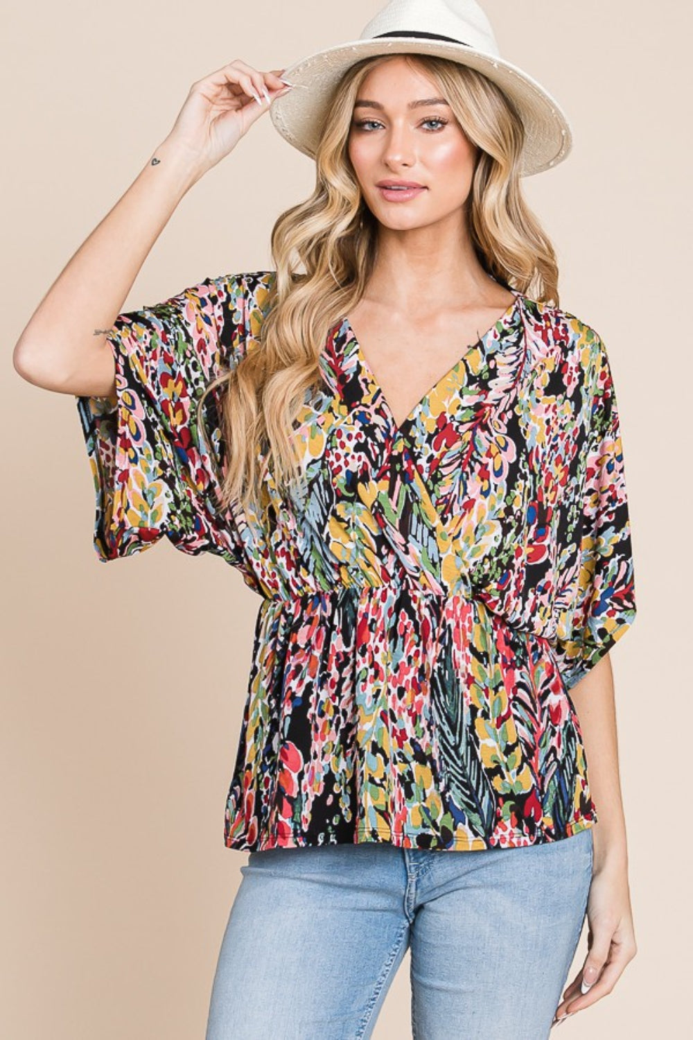 BOMBOM Printed Surplice Peplum Blouse 