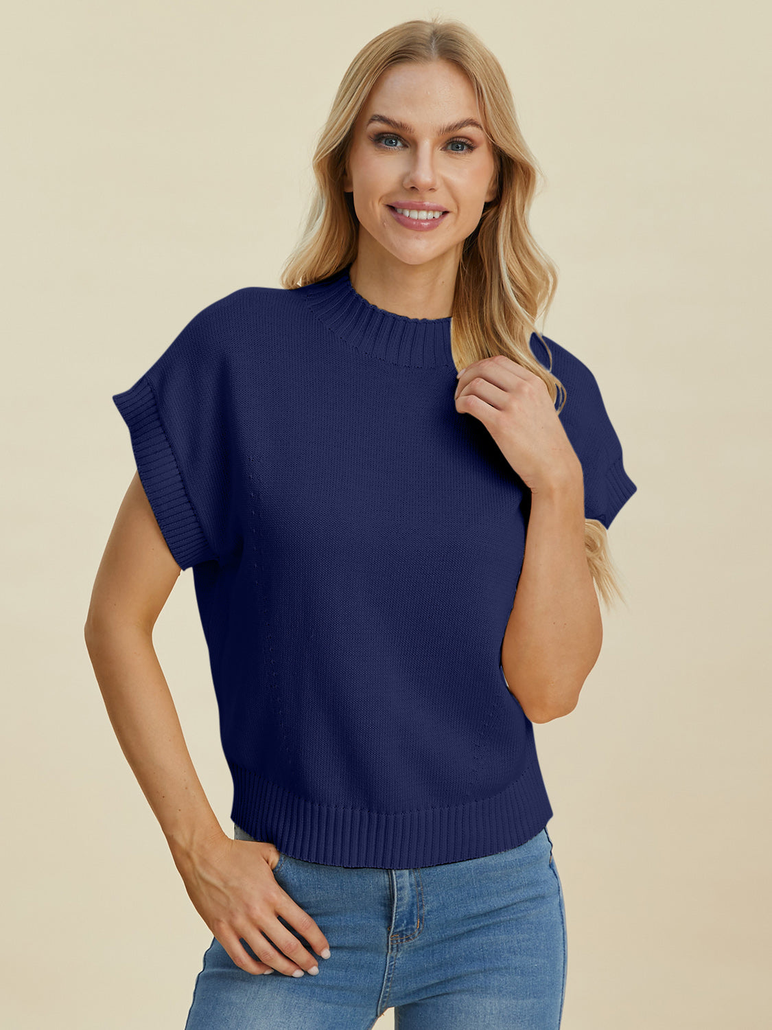 Double Take Full Size Mock Neck Short Sleeve Sweater 