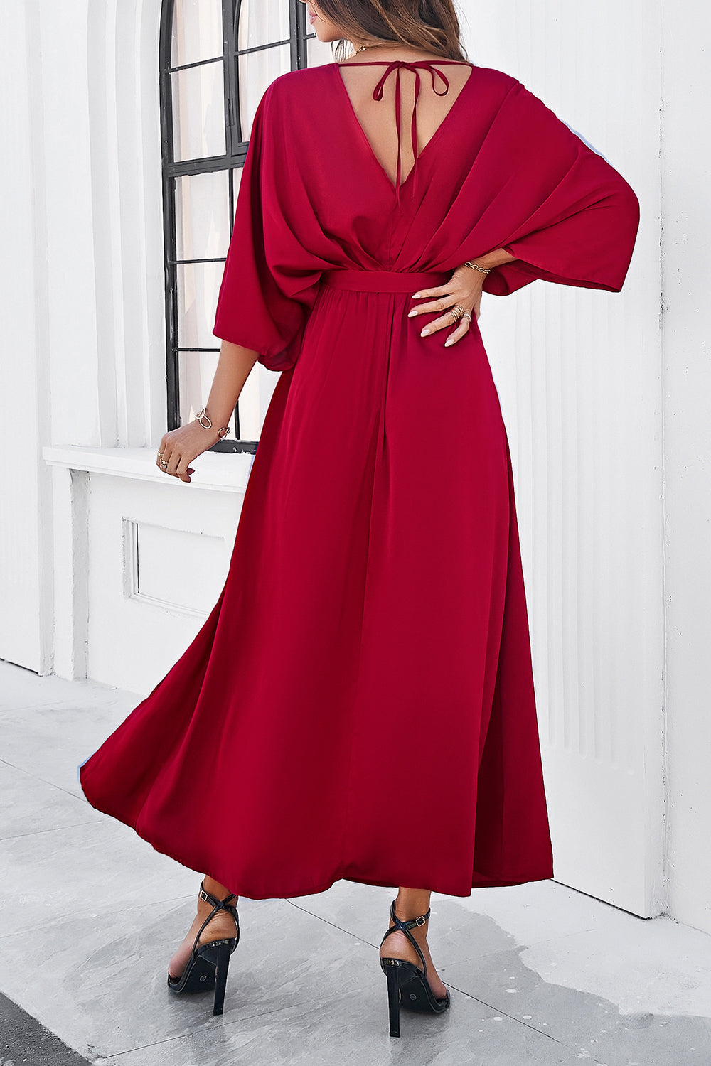 Devine Slit Tied V-Neck Three-Quarter Sleeve Dress 