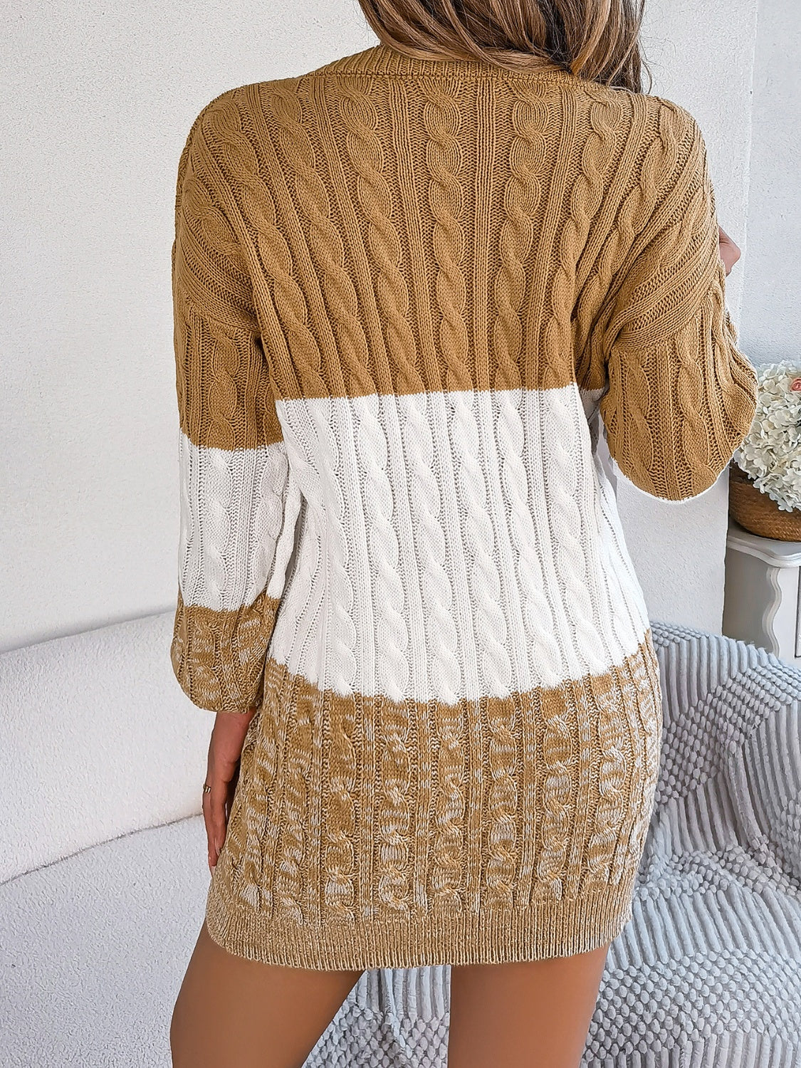 Cable-Knit Round Neck Color Block Sweater Dress 