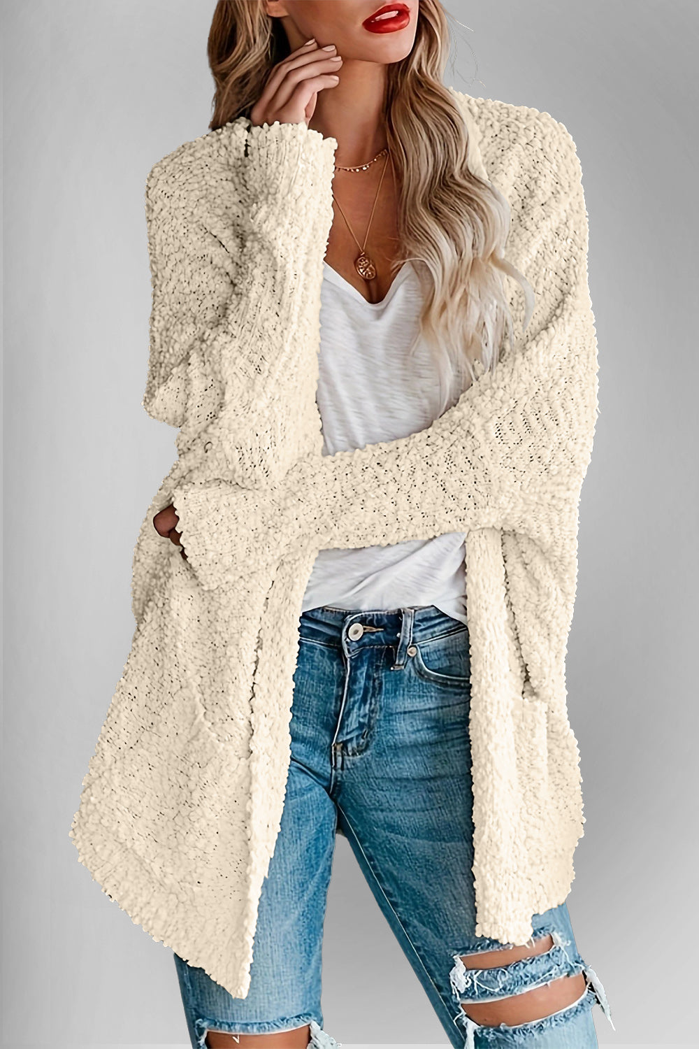 Double Take Pocketed Open Front Long Sleeve Cardigan 