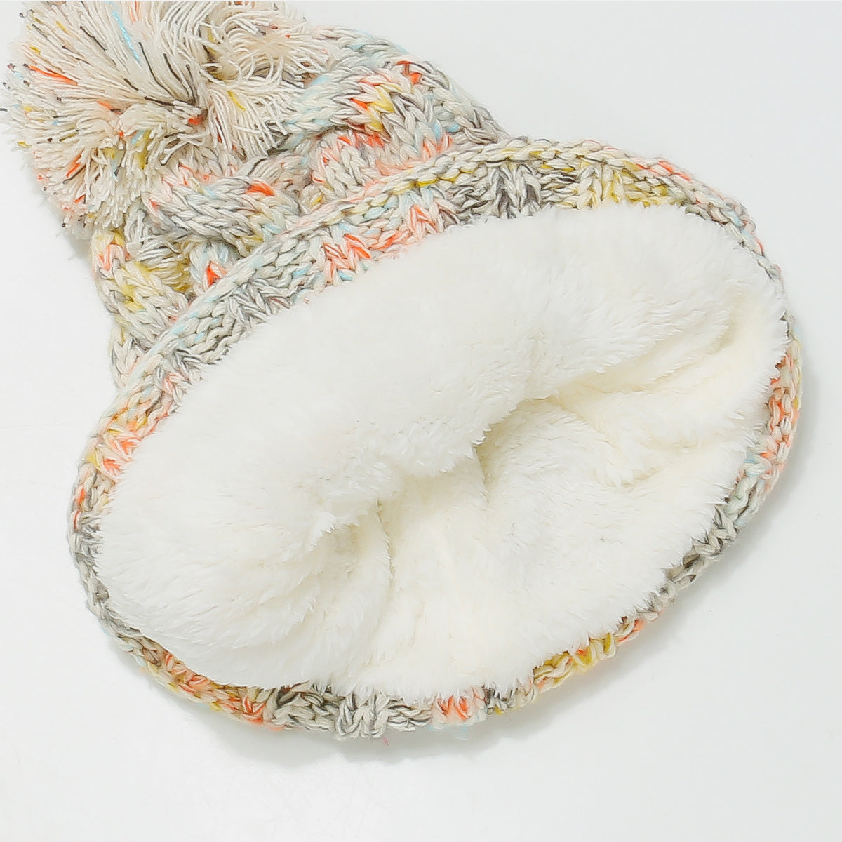 Contrast Cable-Knit Hat with Pompom 
