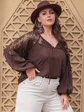 Plus Size Lace Detail Tie Neck Long Sleeve Blouse 