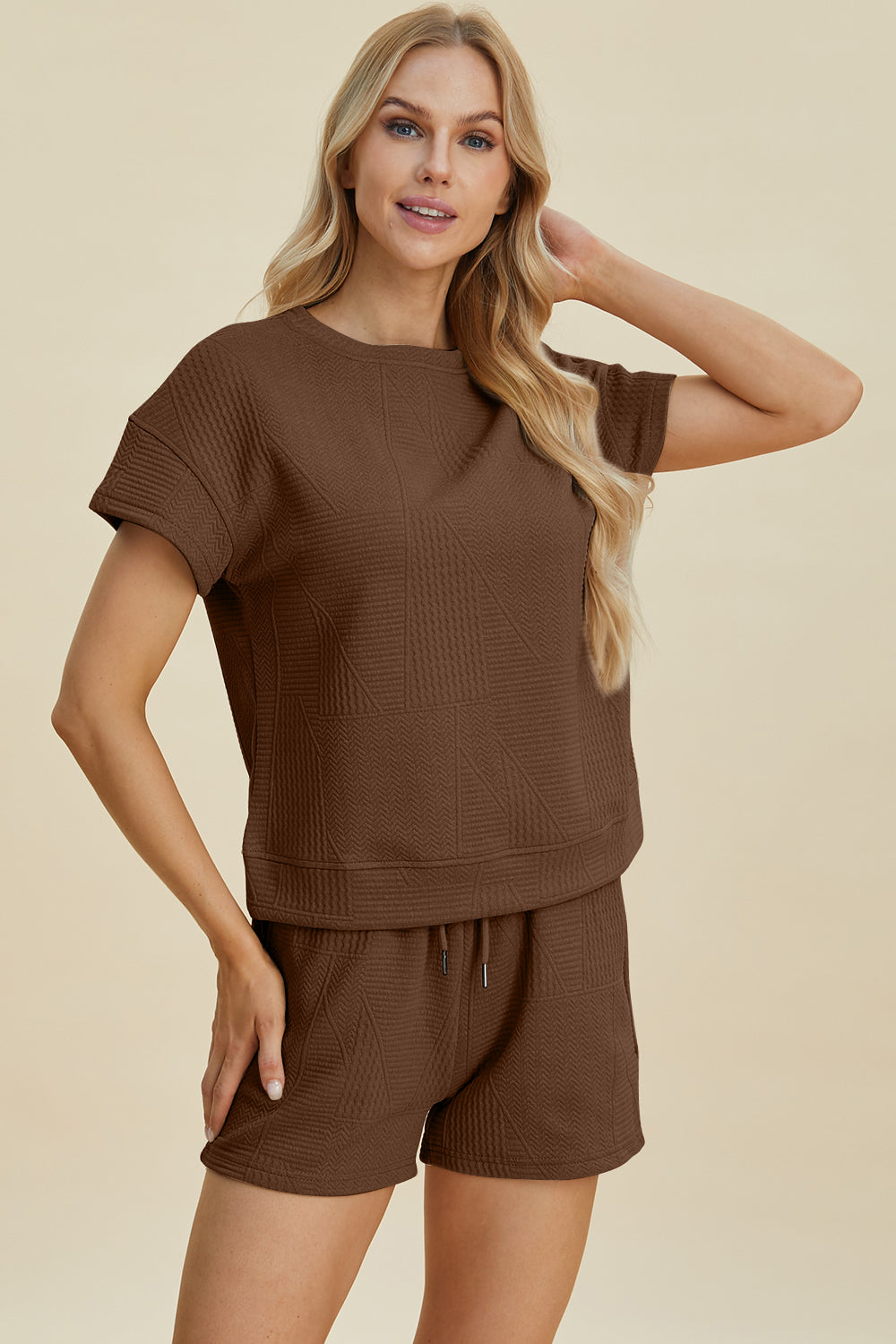 Double Take Full Size Texture Short Sleeve Top and Shorts Set 