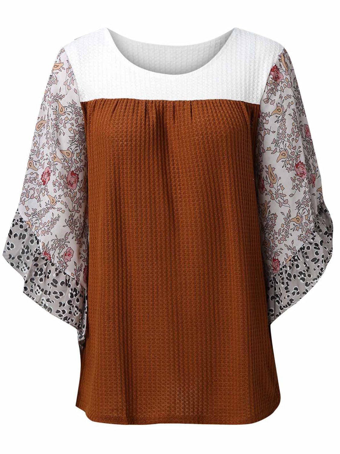 Full Size Printed Round Neck Three-Quarter Sleeve Blouse 