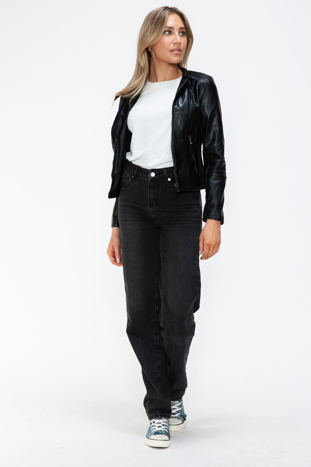 Snobbish Faux Leather Zip Up Drawstring Hooded Jacket 