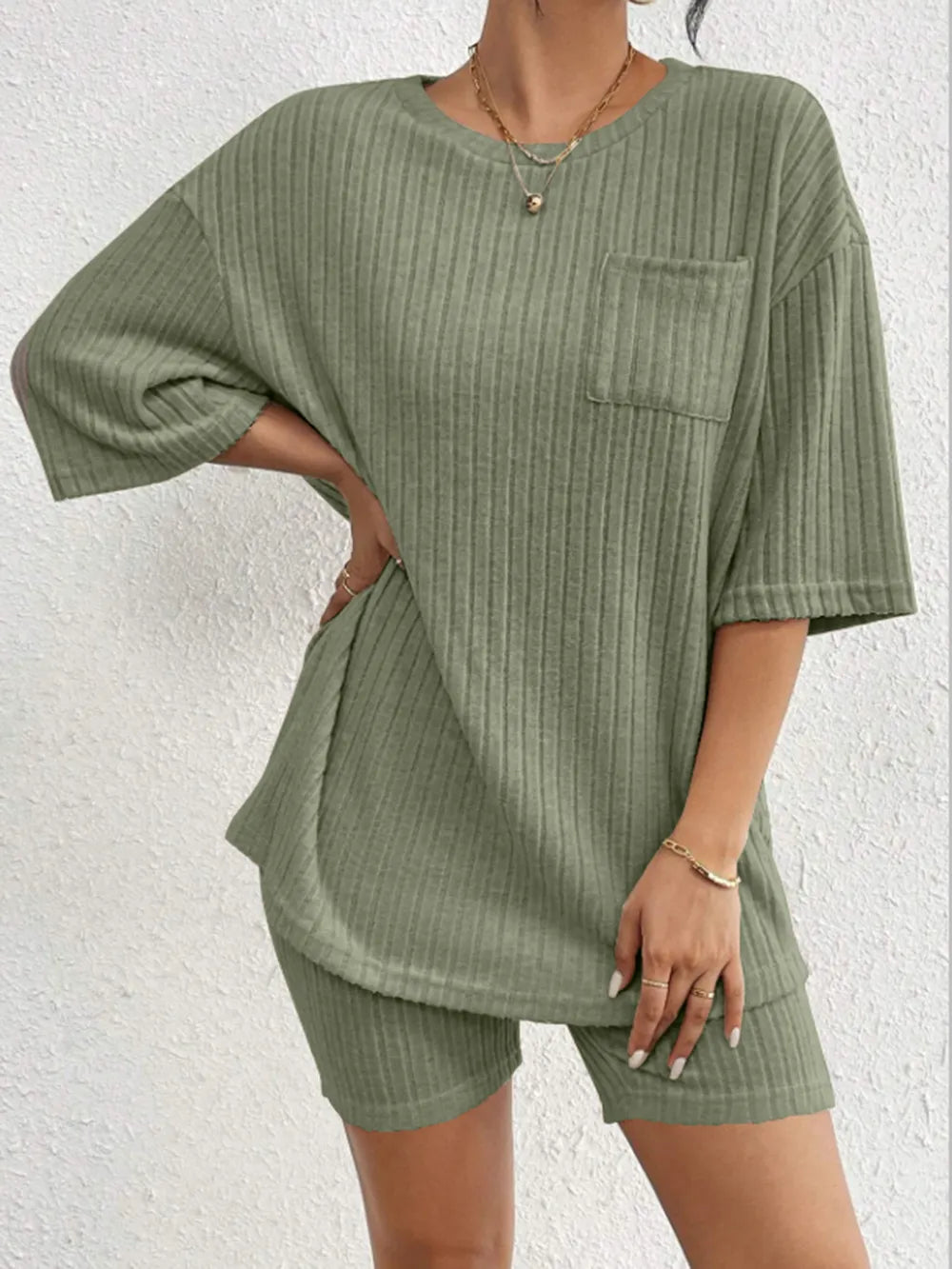 Ribbed Round Neck Top and Shorts Set Two Piece Dresses