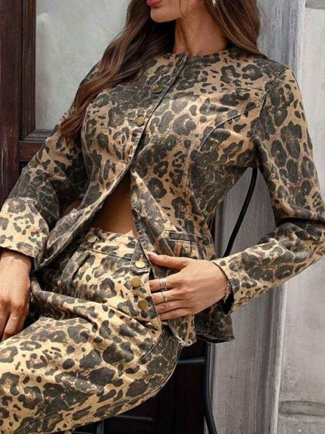 Leopard Button Up Long Sleeve Denim Shirt 