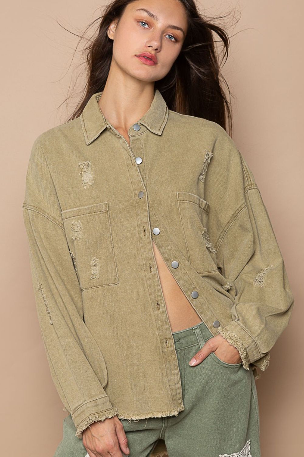 POL Button Down Raw Hem Distressed Shacket 