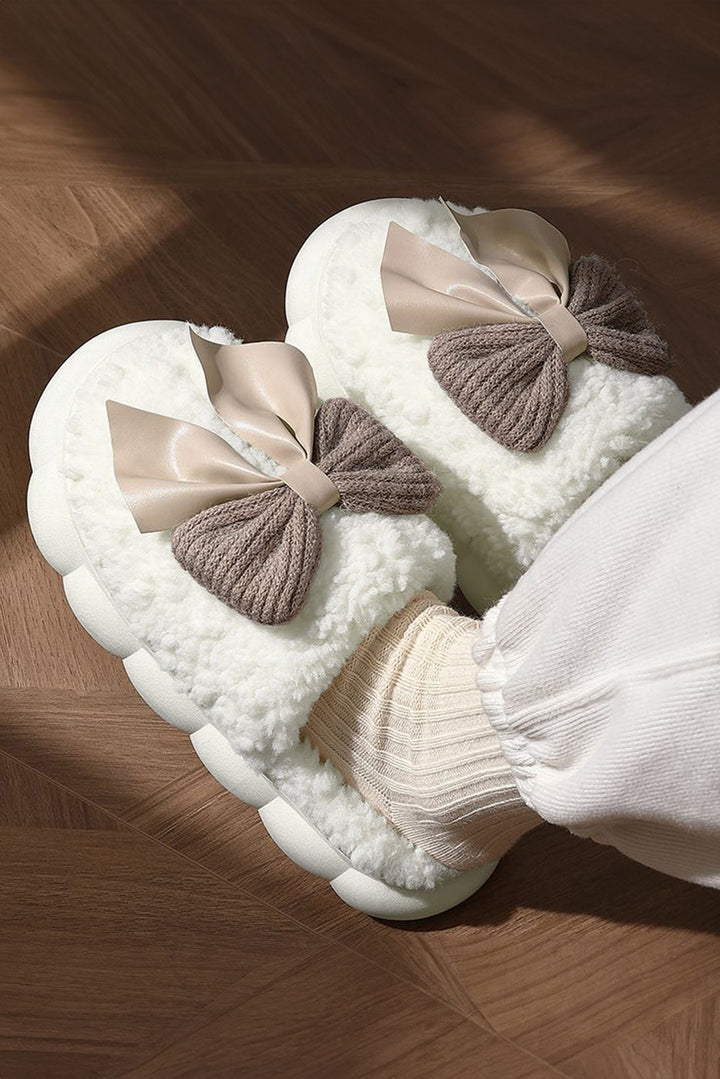 White Contrast Bowknot Applique Plush Winter Slippers (Bow Colors May Differ by Batch) Shoes & Bags/Slippers