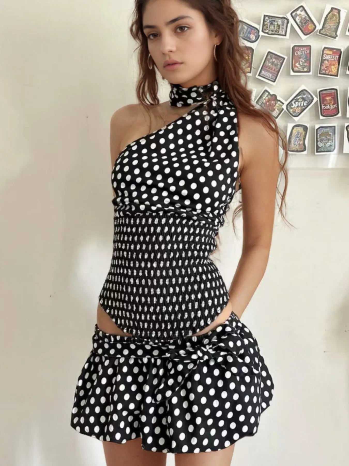 Polka Dot One-Shoulder Top and Mini Skirt Set Two Piece Dresses