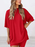Full Size Oversized Slit Round Neck Top and Shorts Lounge Set Plus Size Lingerie & Nightwear