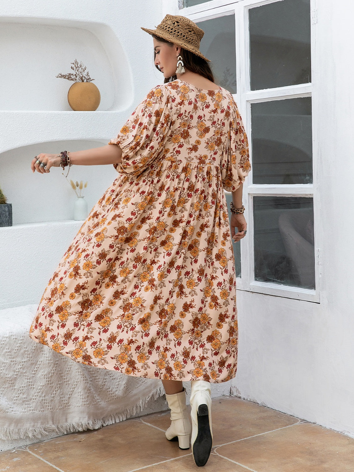 Plus Size Printed Tie Neck Half Sleeve Midi Dress 