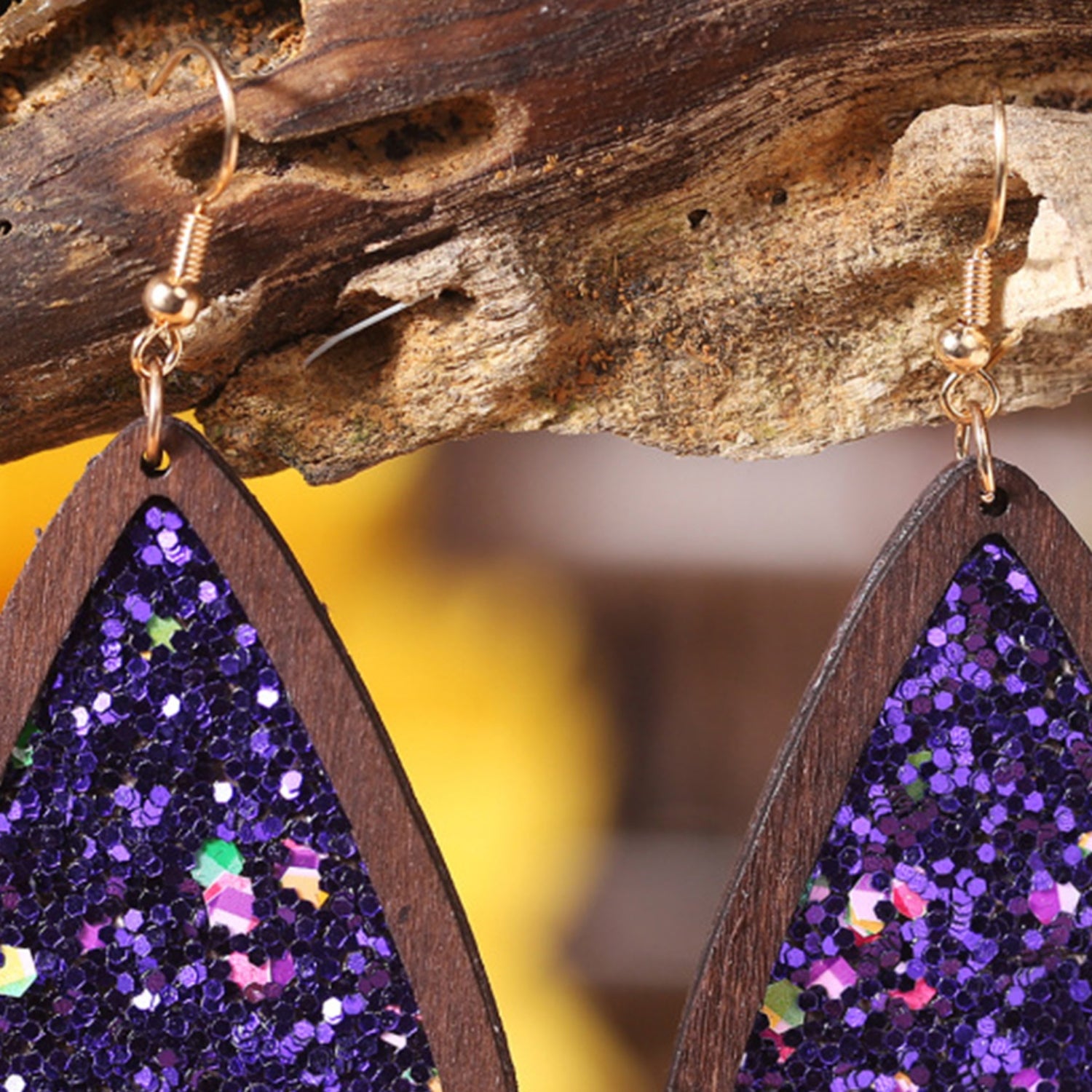 Sequin Wood Teardrop Earrings 