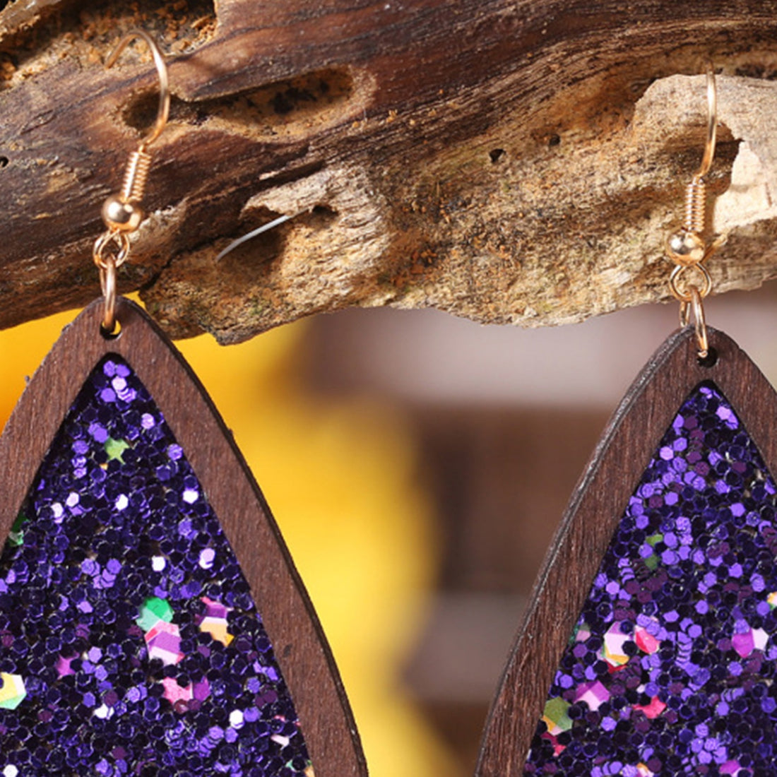 Sequin Wood Teardrop Earrings 
