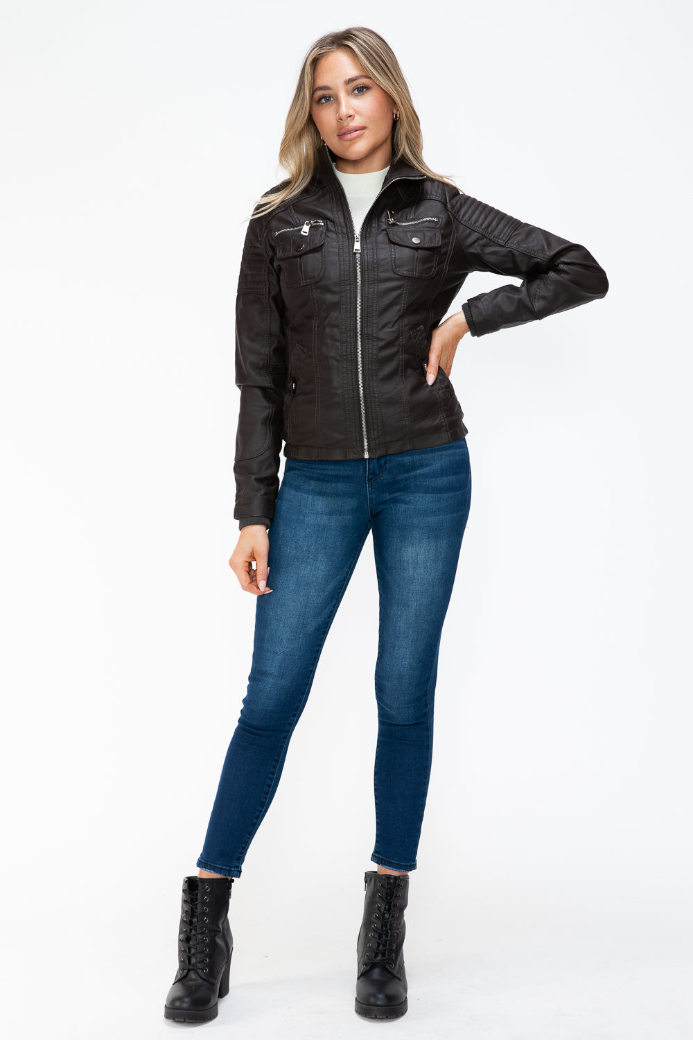 YMI Removable Faux Layered Multi-Pocket Jacket with Fuzzy Hood 