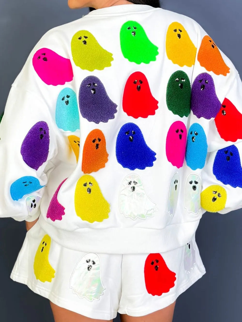 Ghost Printed Round Neck Long Sleeve Top and Shorts Set 