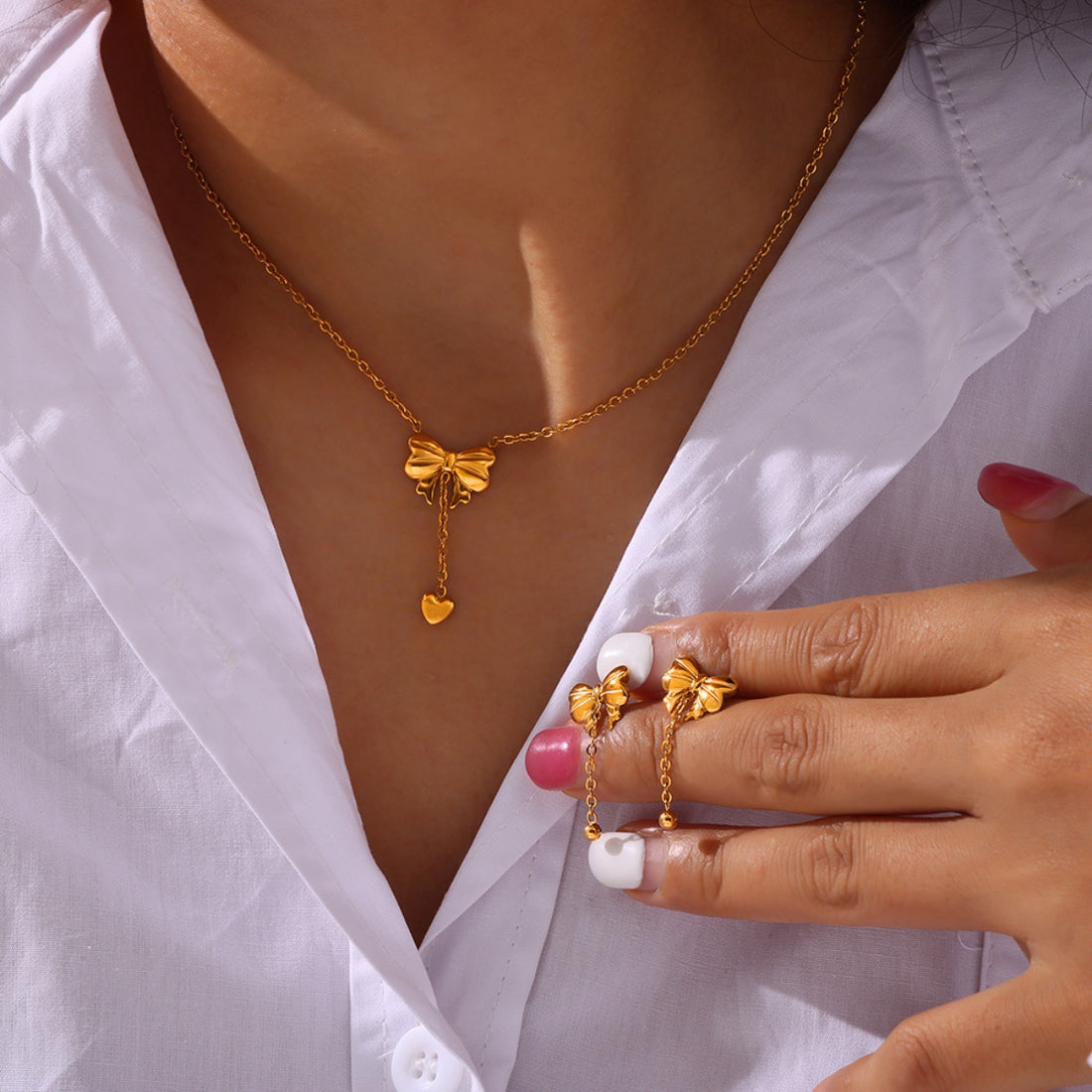 Titanium Steel Gold-Plated Bow Pendant Necklace 