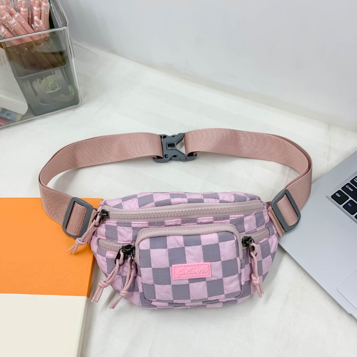 Checkered Adjustable Strap Nylon Crossbody Bag 