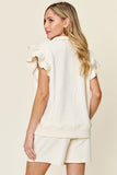 Double Take Full Size Texture Flounce Sleeve Top and Drawstring Shorts Set 