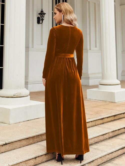 Tie Front Round Neck Long Sleeve Maxi Dress Dresses